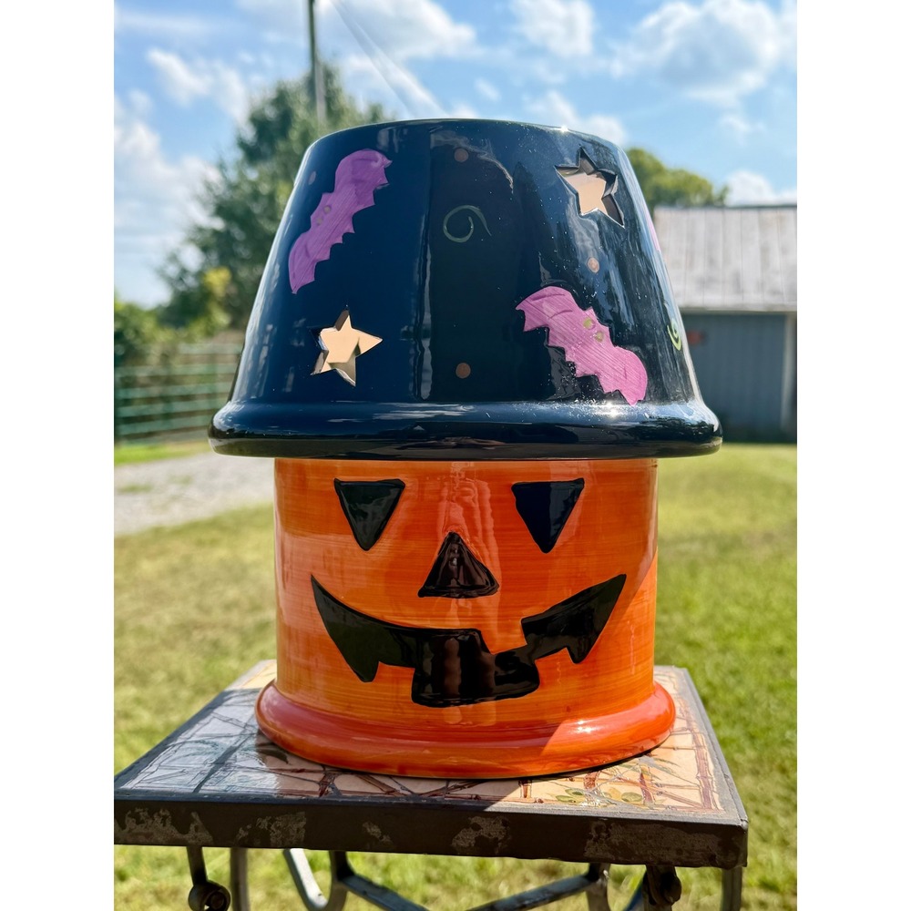 Halloween Jack-O-Lantern Ceramic Candle Topper Warmer Purple Bats Stars Orange